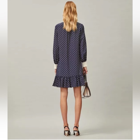 Tory Burch Navy Polka Dot silk Dress w/ white scalloped collar size 2 LIKE NEW - Picture 3 of 16